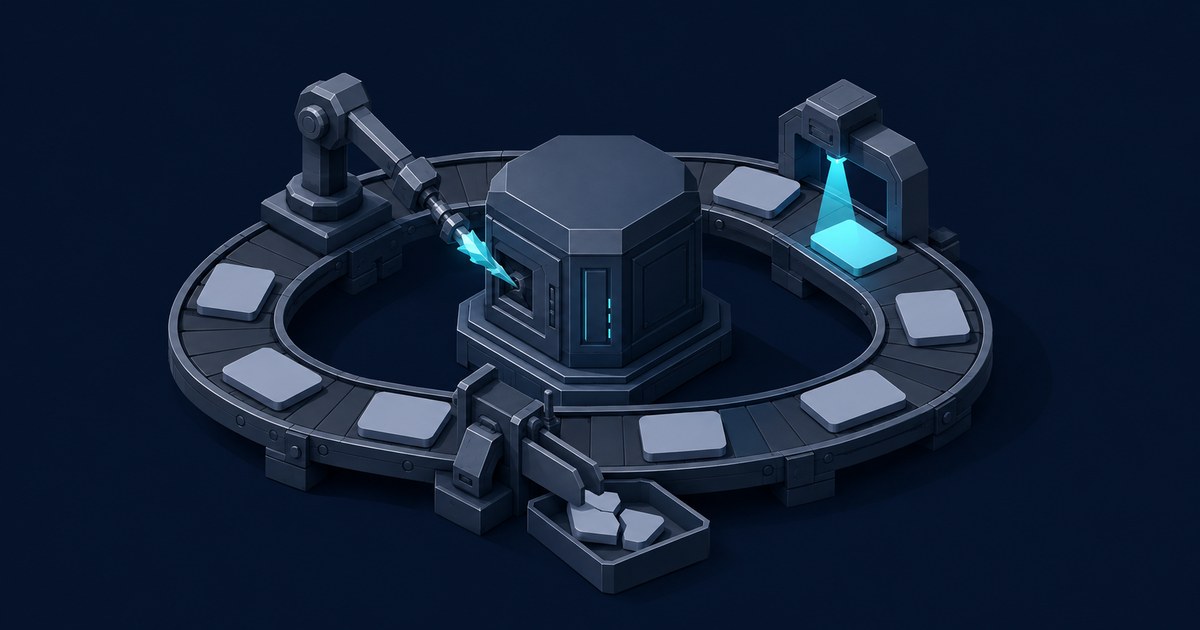 A stylized 3D security scan loop with robotic arms, a circular conveyor, cyan sensors, and a central dark processing unit.