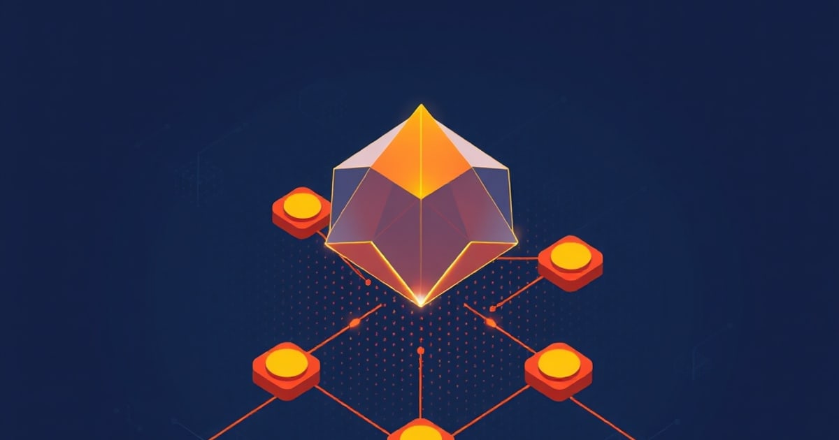 Flat isometric illustration of a glowing faceted prism above a branching tree of linked orange nodes, evoking a prompt injection scan fanning out across an LLM application