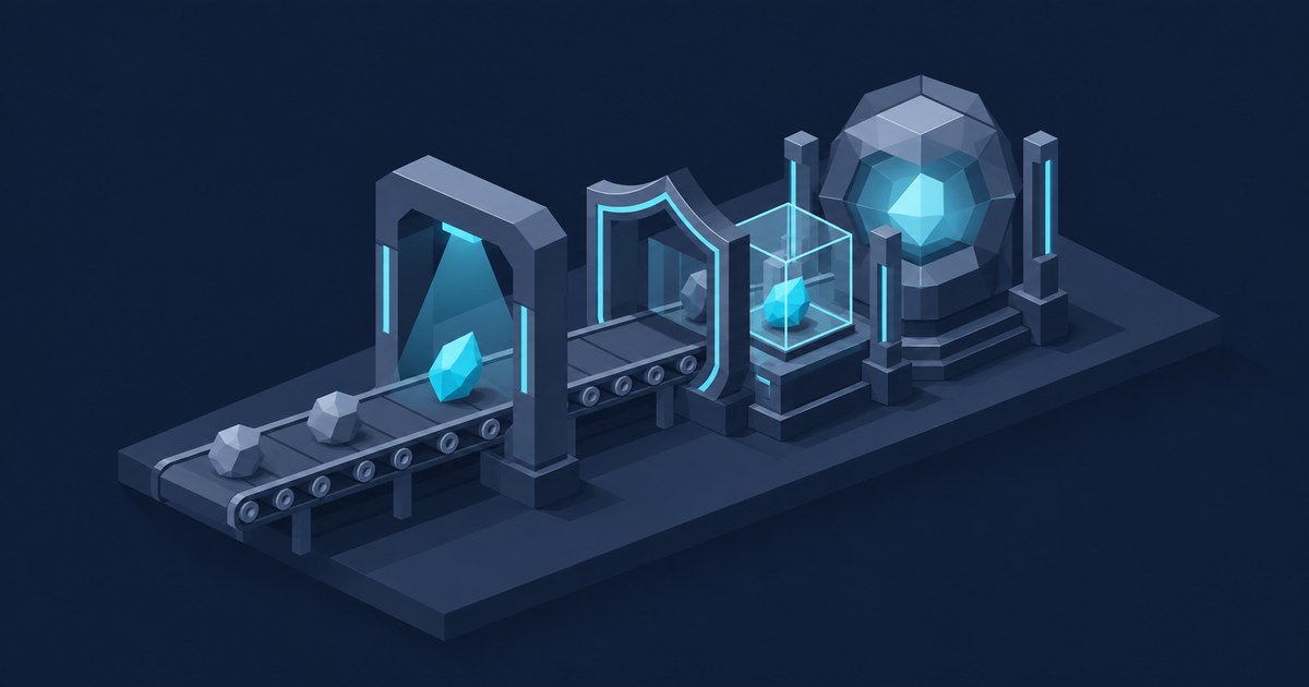 Isometric security pipeline scans glowing crystals on a conveyor through shielded gates and layered detectors in a dark blue scene.