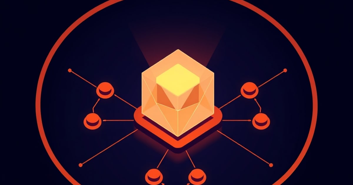 Glowing orange isometric cube on a red platform inside a large circle, wired to surrounding red nodes, evoking an LLM core under security testing