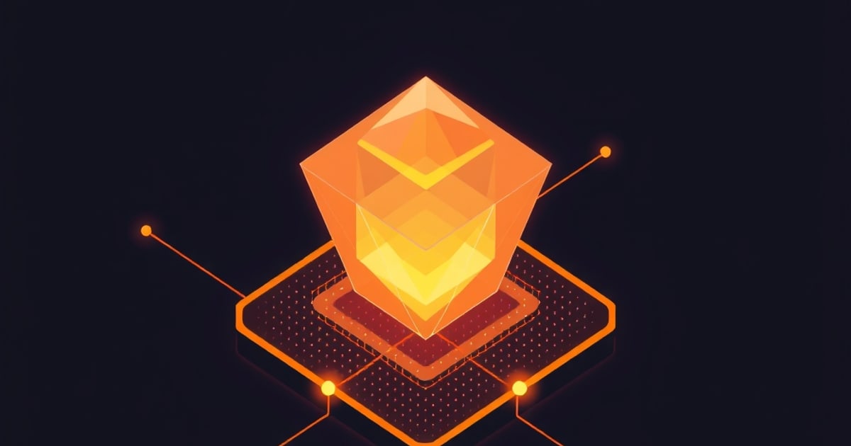 Glowing orange translucent crystal with a chevron core on a dotted isometric circuit platform with node lines, evoking an LLM prompt scanner