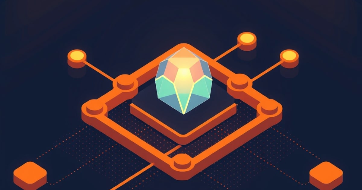 Flat isometric illustration of an iridescent faceted gem on a pedestal inside an orange diamond circuit track with round corner nodes and orange cubes.