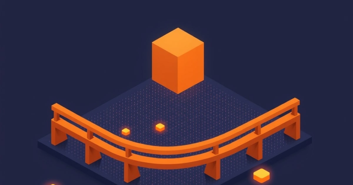 Flat isometric illustration of a curved orange guardrail on a dark blue platform with a large orange cube floating above and small glowing amber cubes.